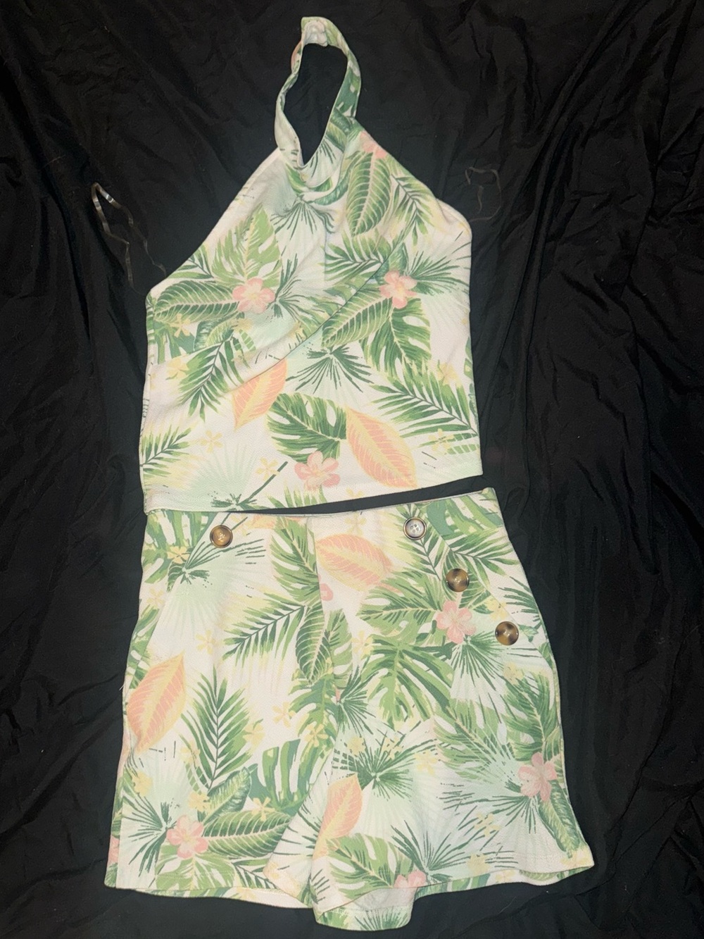Women’s Tropical Leaf Halter One-Piece Romper in Green